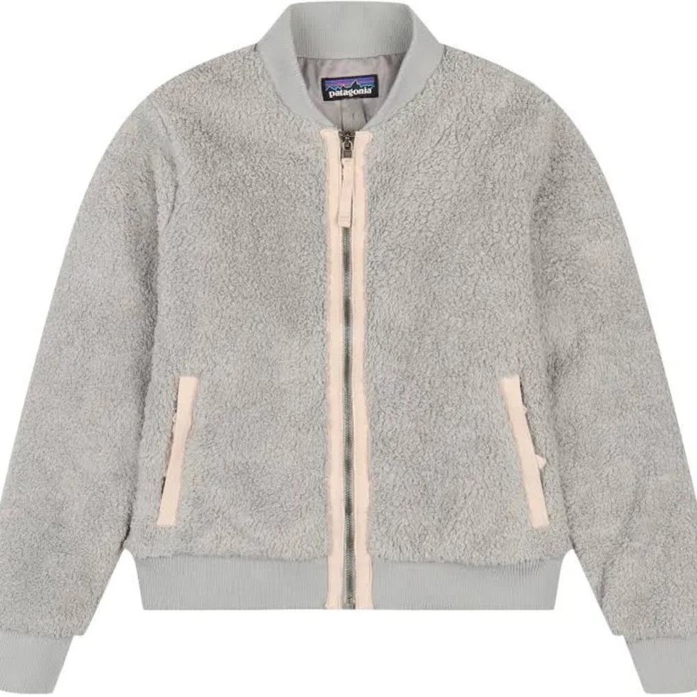 Patagonia Light Gray Sherpa Bomber Jacket with Pale Pink Accents